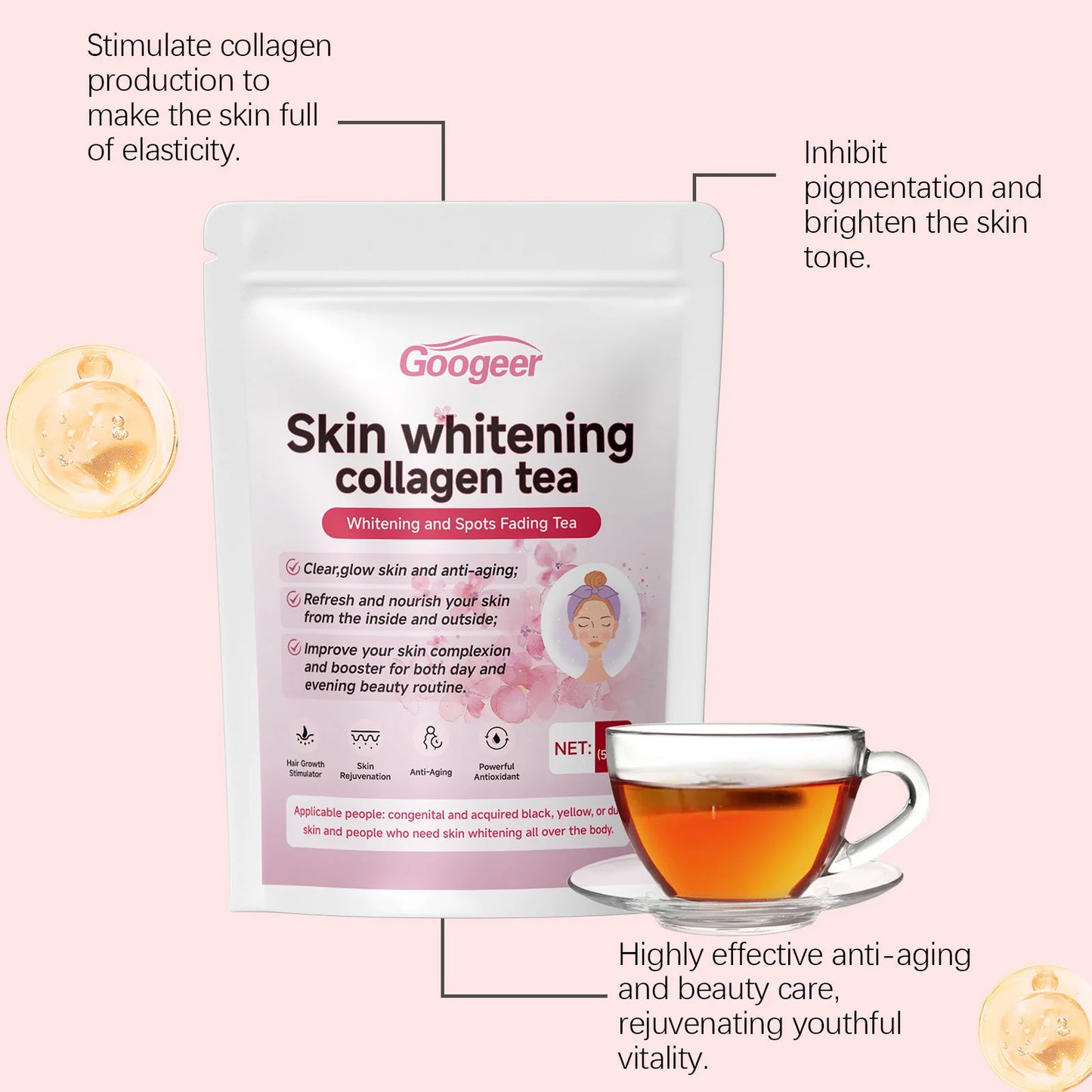 Googeer 70g Collagen Whitening Tea Natural Herbal Reduce Dark Spots Melanin Brightening Skin Dietary Supplement Glowing Skin Tea