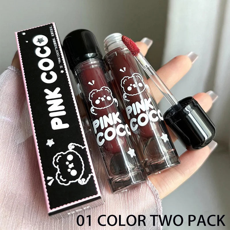 PINKCOCO Bear Doodle Mirror Lip Glaze — Long-Lasting Shiny Lip Gloss, Student-Friendly, Skin-Brightening Nude Lipstick