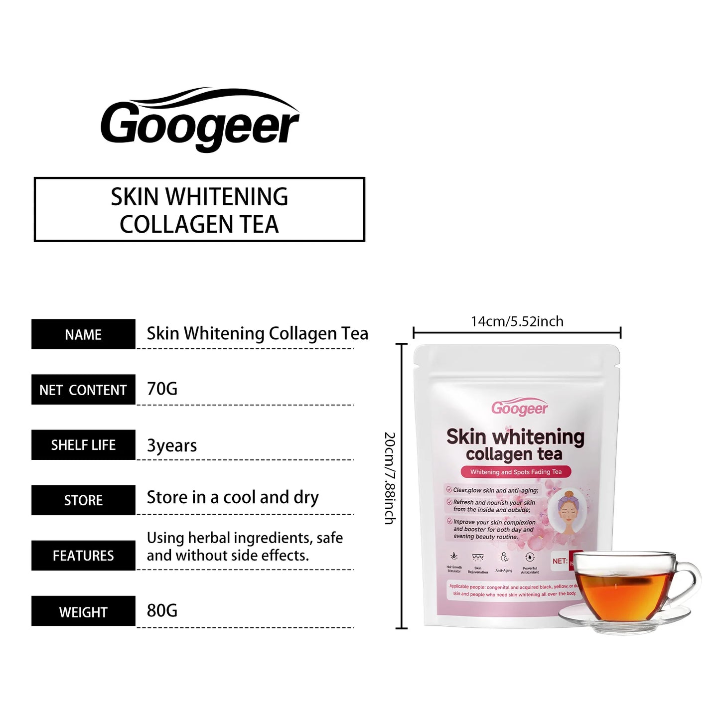 Googeer 70g Collagen Whitening Tea Natural Herbal Reduce Dark Spots Melanin Brightening Skin Dietary Supplement Glowing Skin Tea