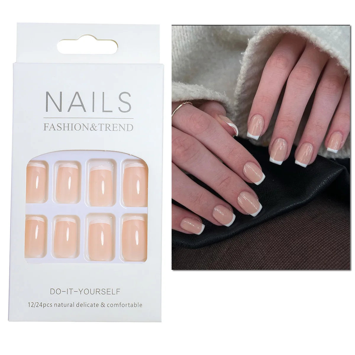 24pcs/set short square fake nails for women cute bride heart white french tips faux ongles y2k press on false nail supplies